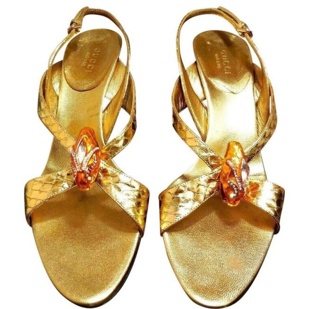 Gucci Metallic Gold Snake-Accent Slingback Sandals